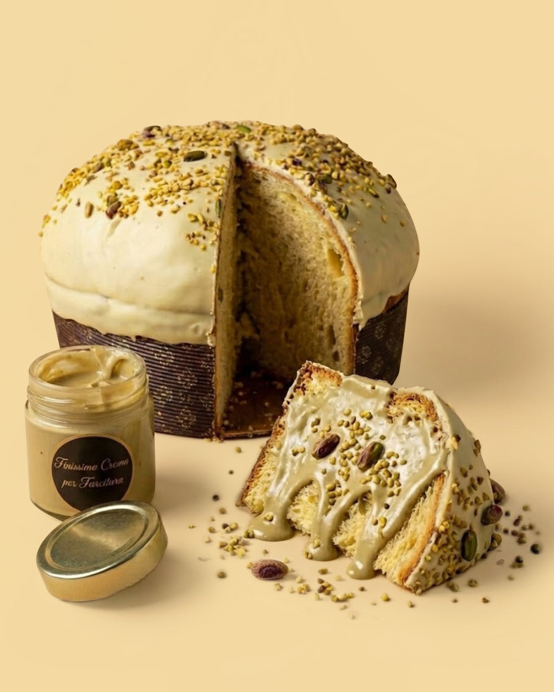 Panettone artigianale con copertura e crema al pistacchio